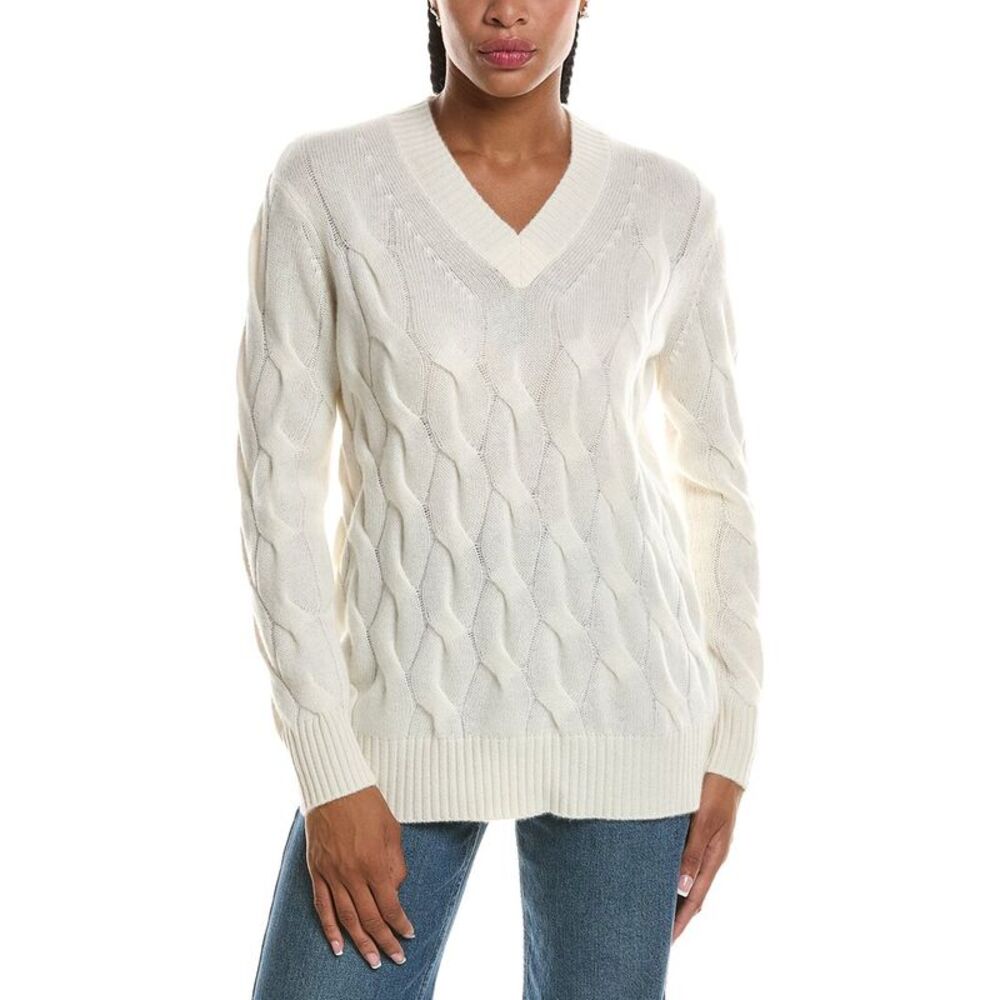 Forte Cashmere Womens  Long Cable V-Neck 100% Cashmere Sweater, White